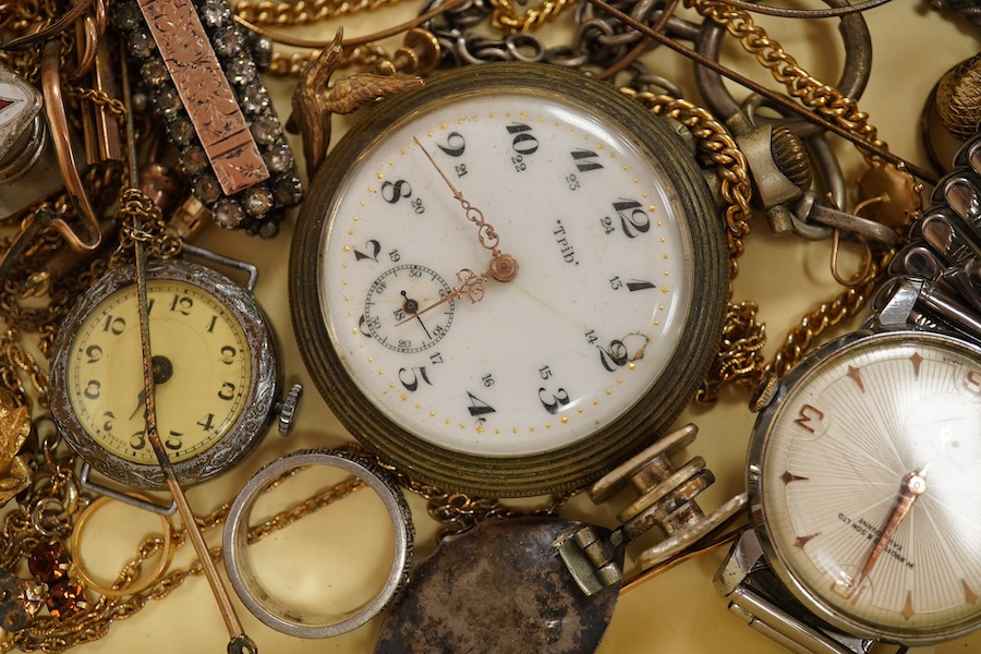 A collection of mixed costume and other jewellery, including a 9ct bar brooch, a 9ct cross pendant, a yellow metal oval locket, a Victorian white metal aesthetic locket, on a silver albert, a Swiss 935 fob watch, gentlem